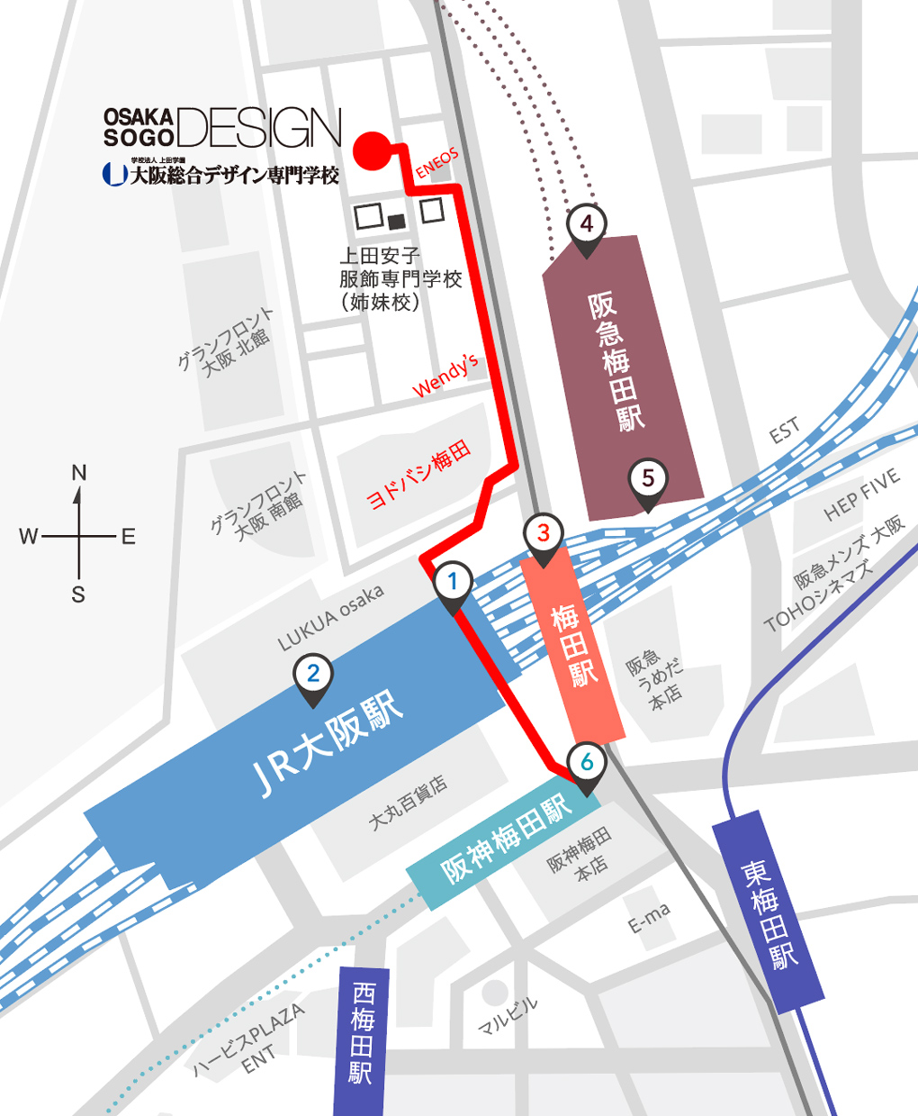 阪神梅田駅 東出口からのルート 阪神梅田駅 東出口からのルート