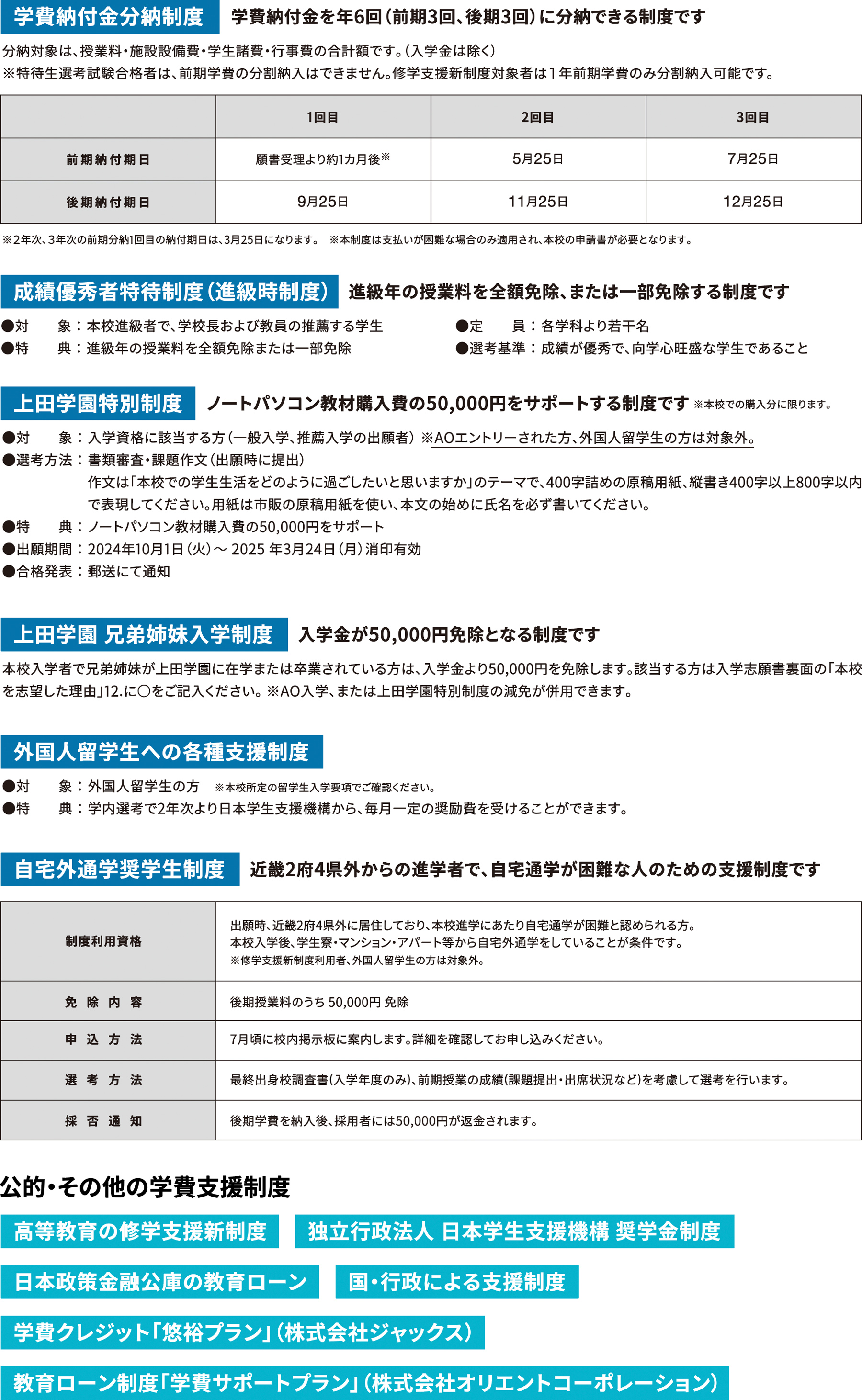 本校オリジナルの学費支援制度